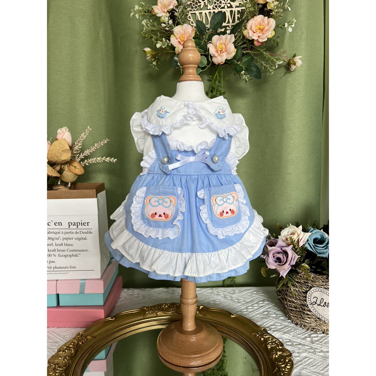 喵呜萌宠原创手工宠物狗衣服猫咪兔子浅蓝色重工高定泰迪博美比熊