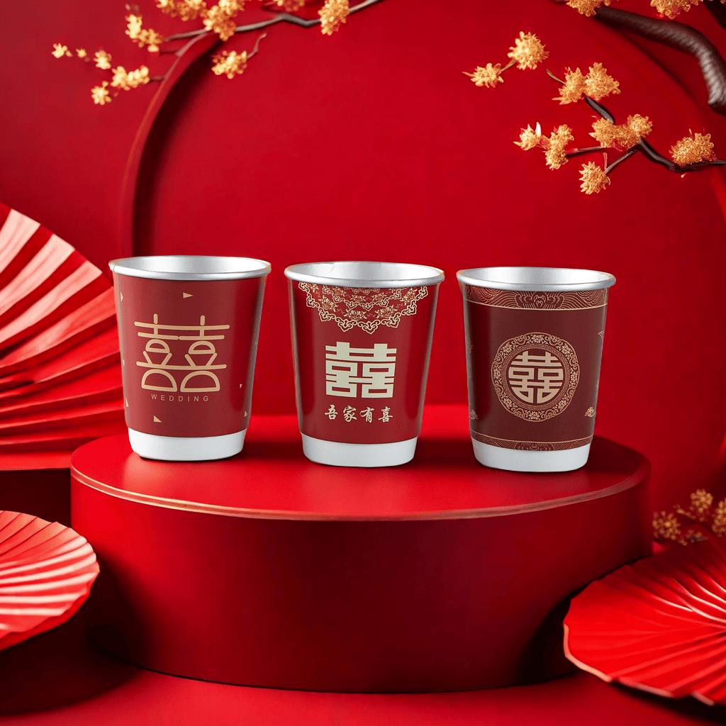 结婚纸杯一次性杯子带茶叶喜杯加厚铝箔纸杯婚庆大红色水杯红纸杯