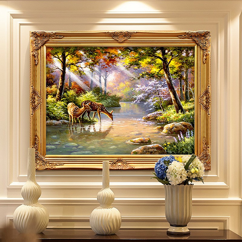 纯手绘欧式玄关油画风景客厅装饰画美式餐厅走廊过道壁画林中小鹿图片