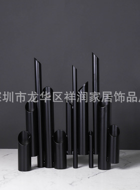 现代欧式简约黑色金属竹筒摆件创意花器软装饰品样板房售楼处装饰