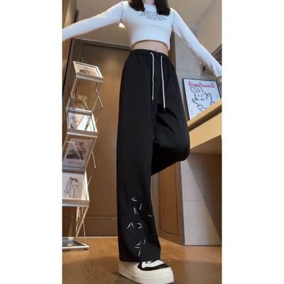直筒裤250冰丝大码裤子男垂感日系新中式斤夏季高腰刺绣女款西裤