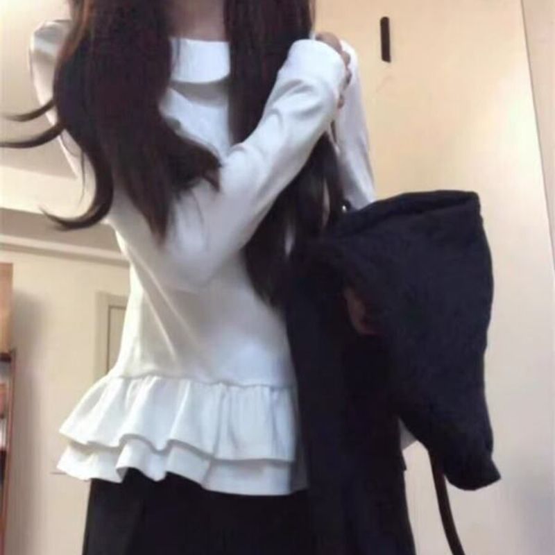 秋冬季内修身收腰白色长袖女搭娃娃领t恤打底衫花边拼接上衣辣妹
