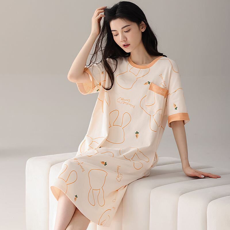 女士薄款睡衣可爱短袖夏天甜美纯棉家居服中长款睡裙大码夏季女生