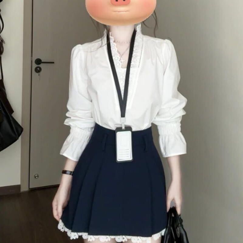 百搭2026衬衫春秋女新款学院风衬衫单穿长袖打底领V套头衬衣白色