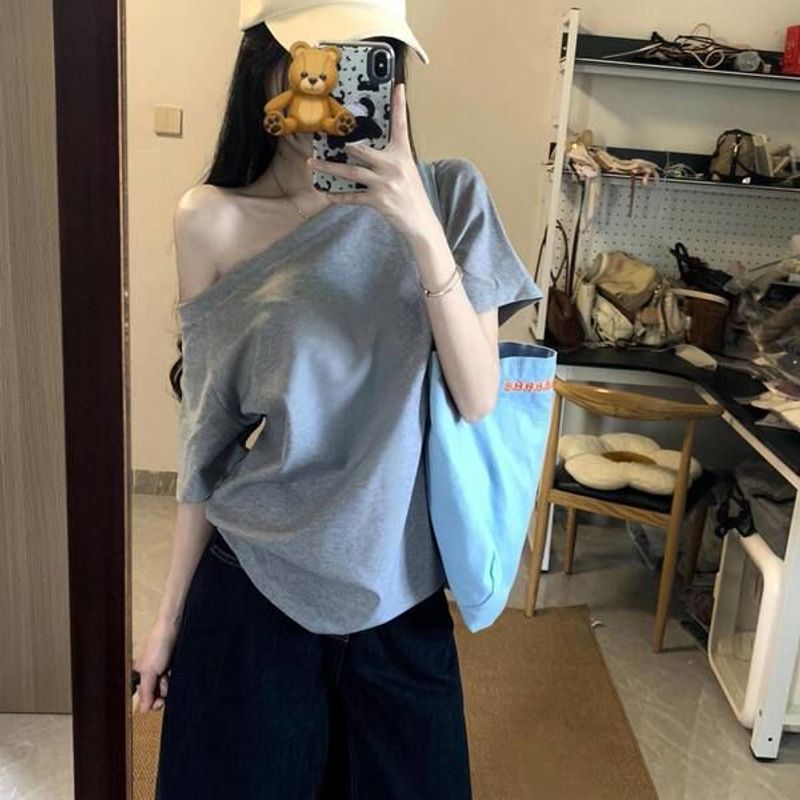 上衣新款斜肩t恤ins高街美式韩版百搭短袖夏季宽松一字肩设计感女