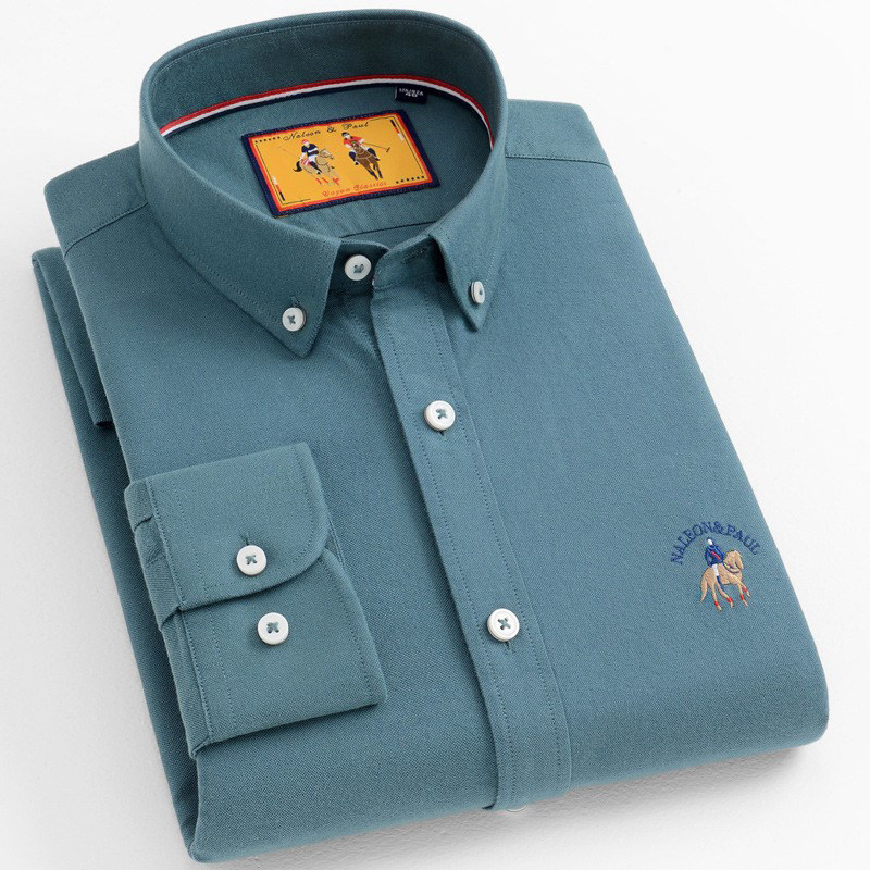 保罗牛津纺纯棉磨毛长袖衬衫男士春秋中青年时尚百搭纯色休闲衬衣