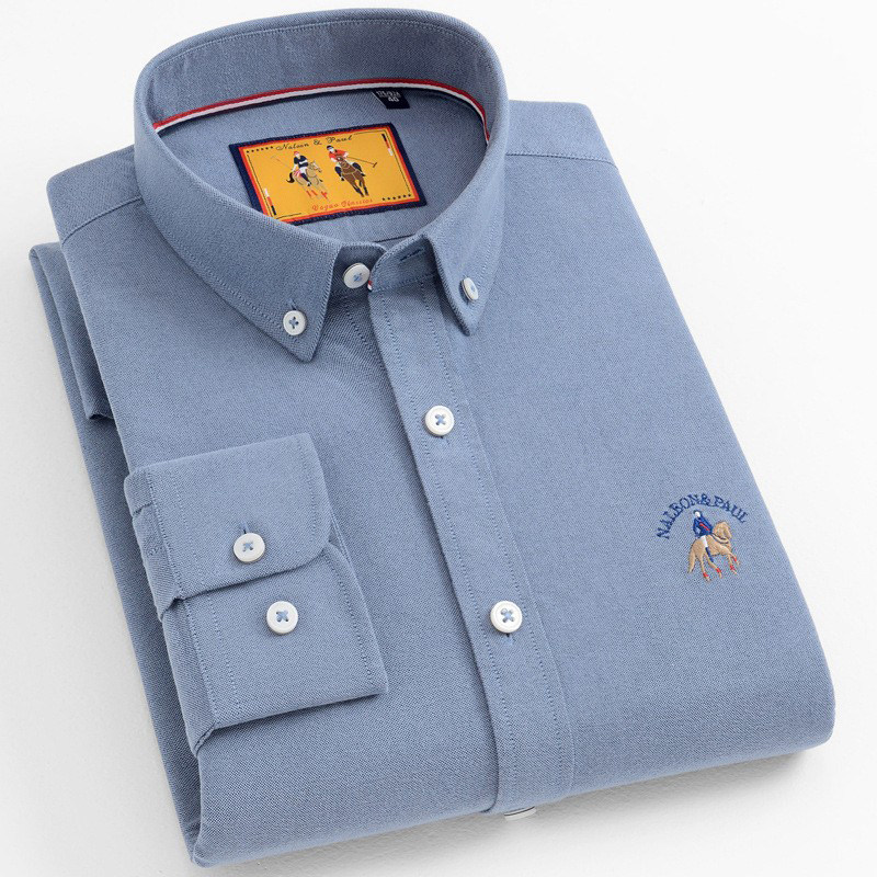 保罗牛津纺纯棉磨毛长袖衬衫男士春秋中青年时尚百搭纯色休闲衬衣