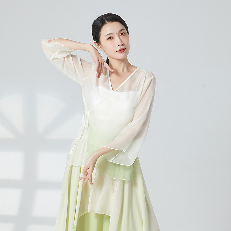 中国风民族古典舞蹈飘逸渐变色纱衣宽松阔腿裙裤教师演出练功服女