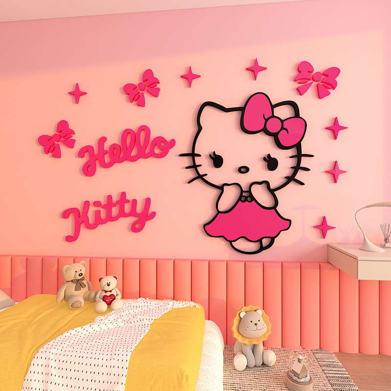hellokitty猫女孩公主房间卧室床头贴纸画墙面3d立体儿童装饰布置图片