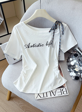 2026夏新款斜肩系带短袖字母印花T恤女甜辣妹不规则修身短款上衣