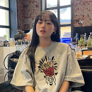 重磅精梳纯棉230克新款 T恤女 bm港味宽松百搭上衣chic卡通印花短袖