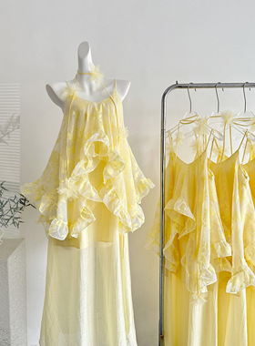 从一时刻月色法式含棉吊带连衣裙仙气荷叶边假两件度假大摆裙