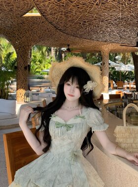 Blovelan青柠冰椰 小清新蕾丝泡泡袖提花收腰少女公主蓬蓬连衣裙