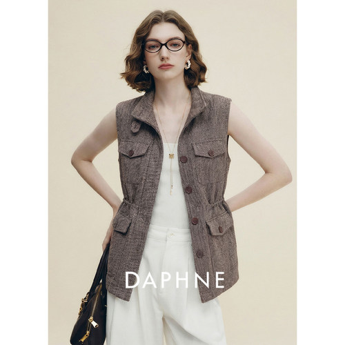 Daphne达芙妮法式真丝羊毛立领马甲女春装工装风收腰无袖中长外套
