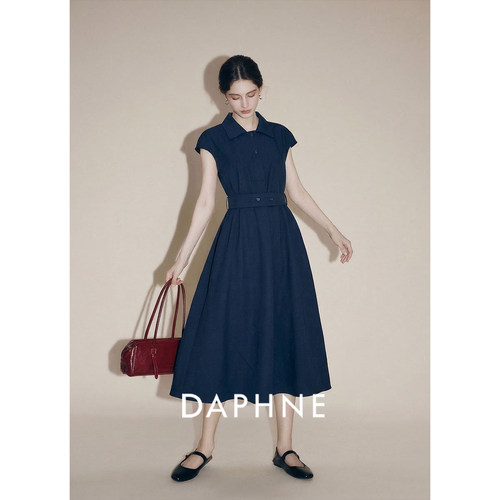 Daphne达芙妮匹马棉赫本风翻领无袖衬衫连衣裙女夏收腰显瘦中长裙