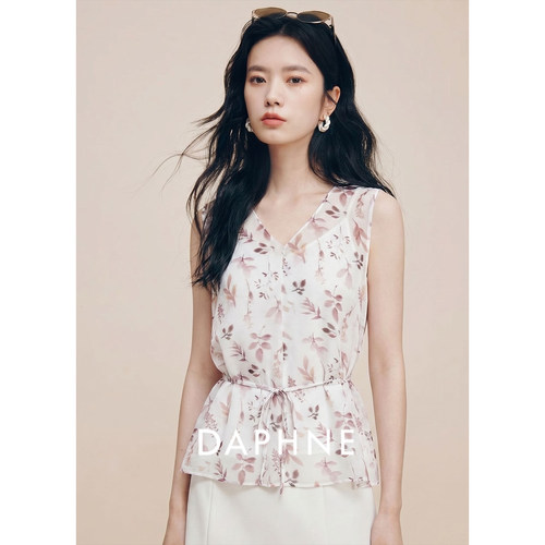 Daphne达芙妮真丝温柔风雪纺背心女士夏季V领系带修身显瘦T恤上衣