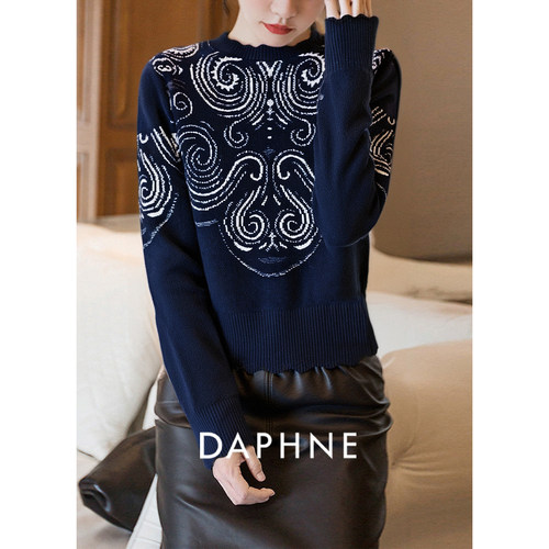 Daphne/达芙妮蓝标系列气质针织提花收腰套头羊绒衫早秋新款1178