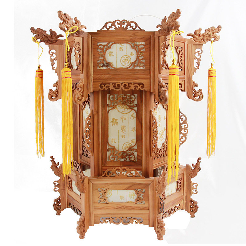 桃木中式复古宫灯装饰室内电动吊灯木质六角灯笼艺术品客厅阳台灯