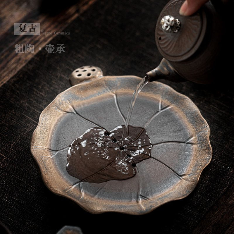 中式粗陶壶承茶承家用小茶台圆形复古仿柴烧茶壶底托储水托盘茶海