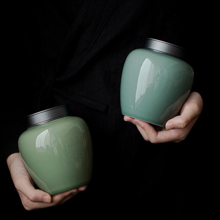 青瓷金属双盖陶瓷茶叶罐茶叶包装礼盒密封防潮储存茶罐子通用包装