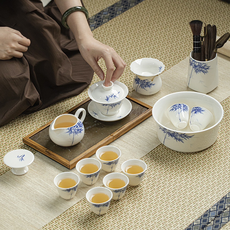 家居茶具整套青花竹子家用功夫茶具陶瓷整套礼盒装盖碗茶壶茶杯