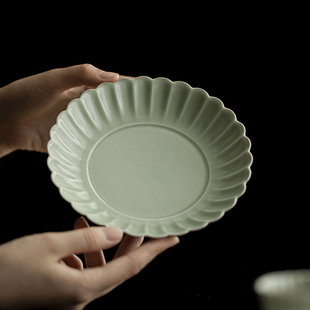 豆青汝釉筋纹菊瓣壶承茶道配件陶瓷花边干泡盘多用茶点盘子点心盘