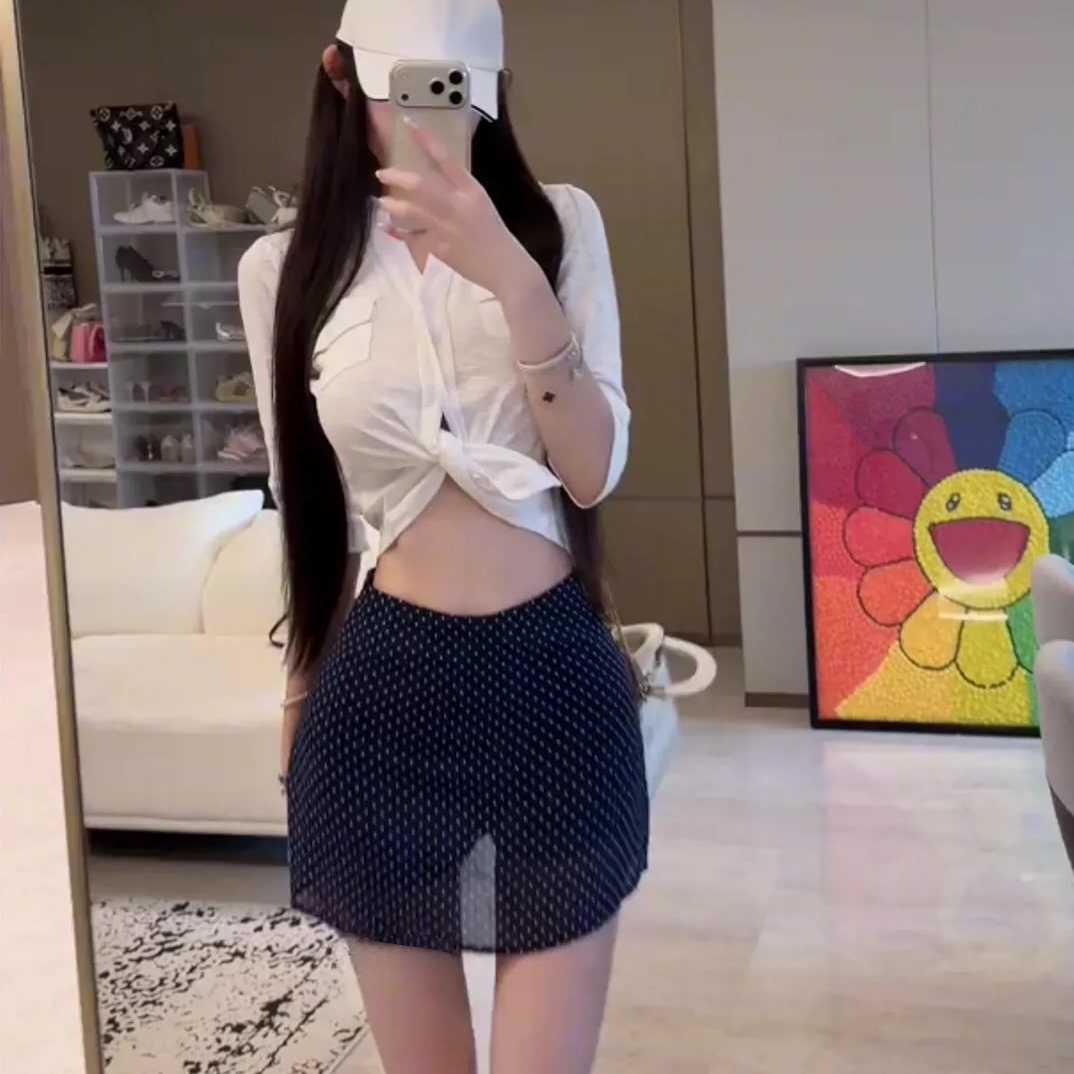 夏季性感辣妹套装白色翻领打结衬衫上衣高腰波点包臀短裙两件套女