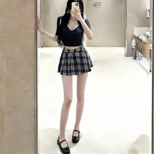 夏季辣妹V领短袖格纹裙两件套