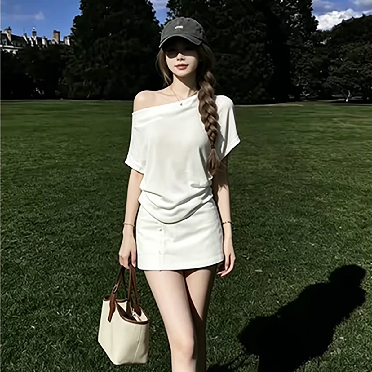 夏季韩系斜肩上衣短裙两件套女图片