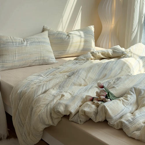 A类母婴裸睡双层皱皱纱纯棉四件套床单床笠款四季亲肤透气被套1.8