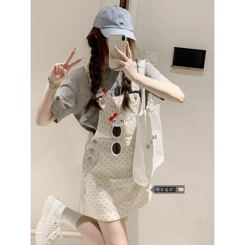 甜美风波点背带裙套装女夏季宽松慵懒风印花短袖上衣日系牛仔短裙