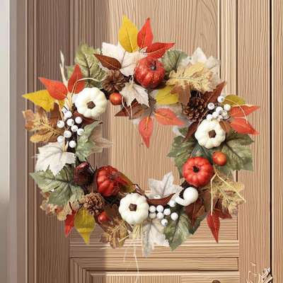 丰收节农舍装饰Farmhouse感恩节枫叶浆果白南瓜套装花环摆件挂件