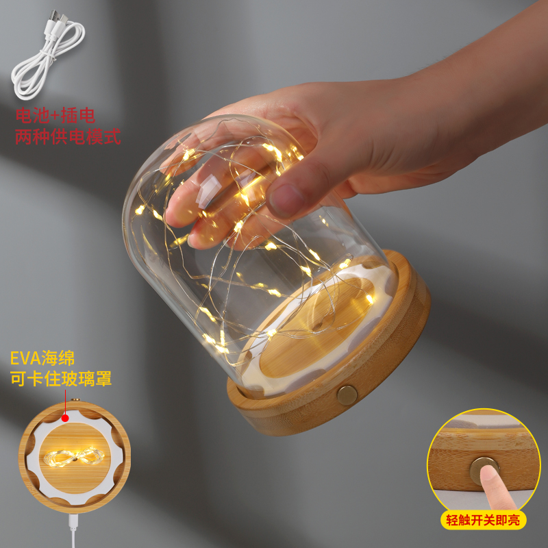 插电和侧面触摸开关永生花串灯玻璃罩发光带灯diy手办防尘玻璃罩