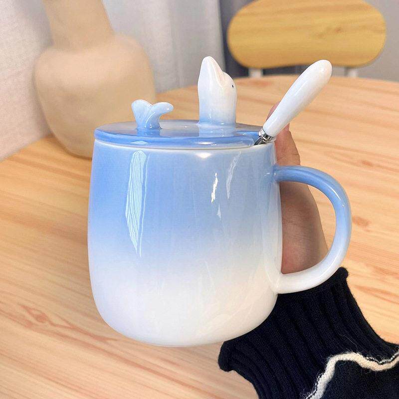 海豚情侣款杯子带盖带勺子马克杯一对办公室咖啡杯男女家用早餐杯