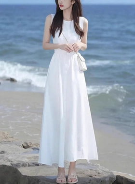 法式白色连衣裙2026夏高端精致气质名媛女神范长裙海边度假超好看