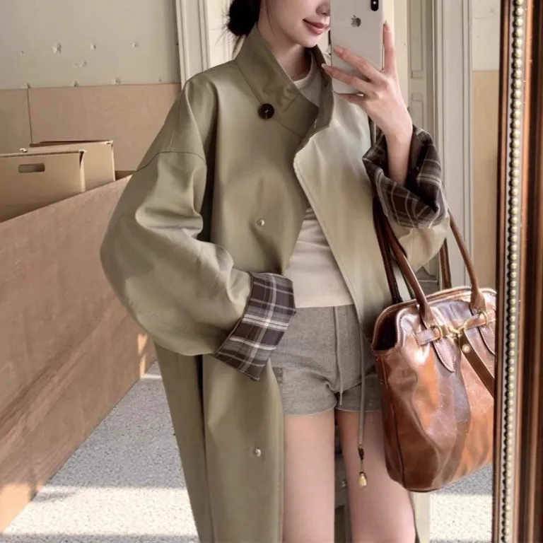 韩版卡其色撞色风衣外套女秋冬