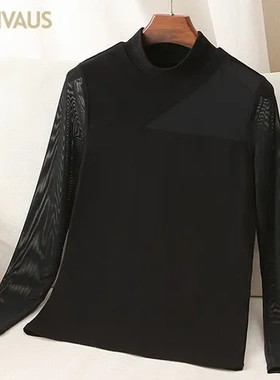 CANVAUS性感春季FS401一件打底衫女装拼接新款网纱半高领透视