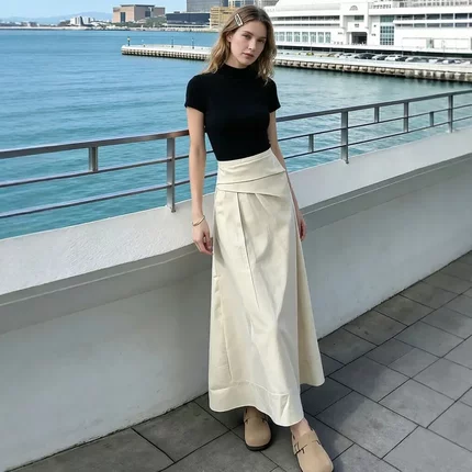 韩系穿搭黑色T恤+独特半身裙女2026年夏季新款绝美韩系长裙两件套