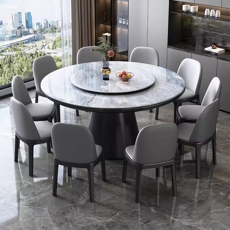 轻奢极简新中式微晶石圆餐桌大理石圆桌现代简约带椅家用餐桌
