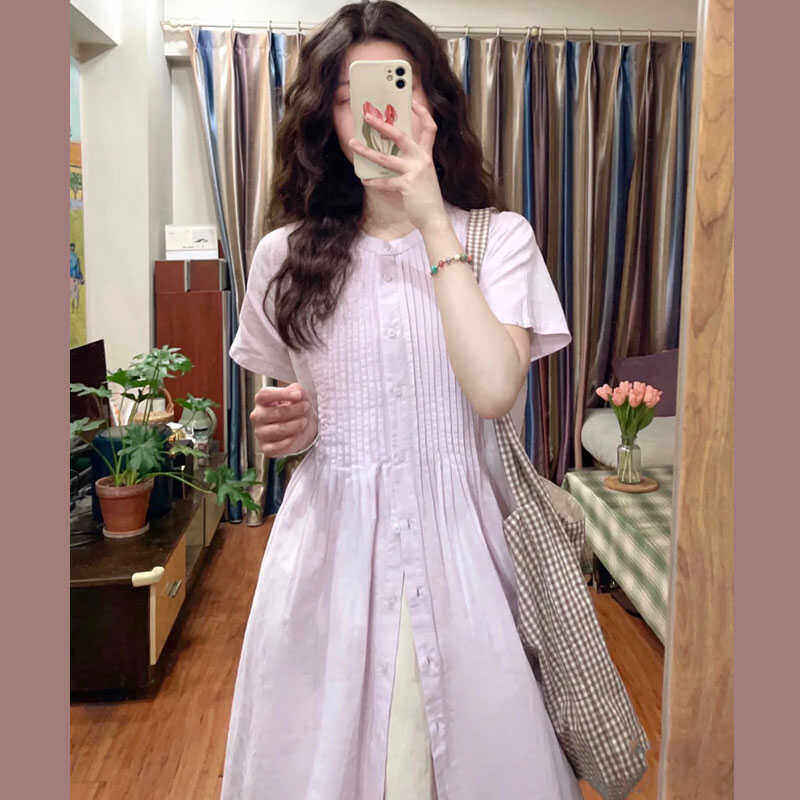 女夏新款紫色纯棉休闲宽