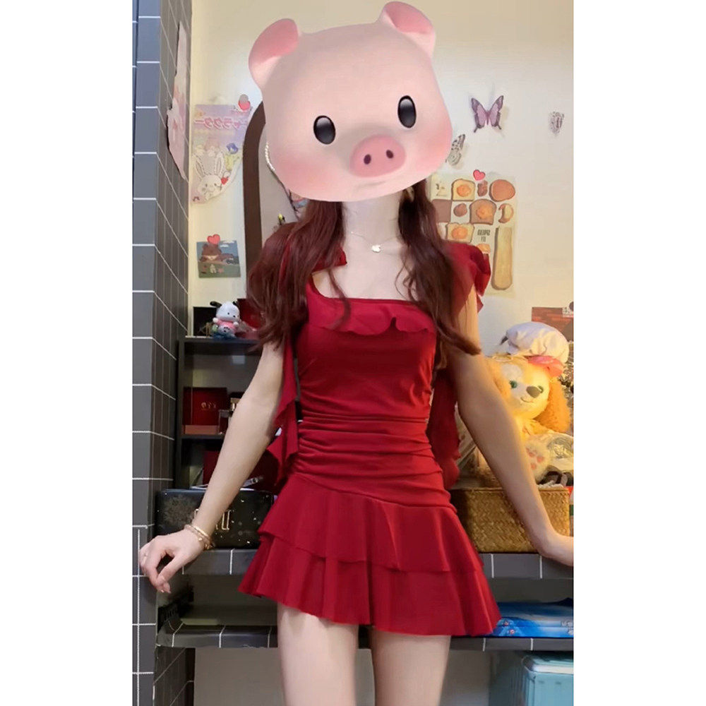 法式纯欲风红色洋装小个
