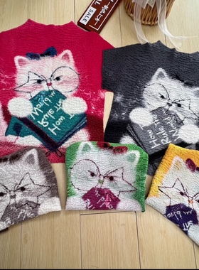 小众设计感蓝灰色小白猫褶皱衫T恤显瘦甜酷个性 夏季印花短袖