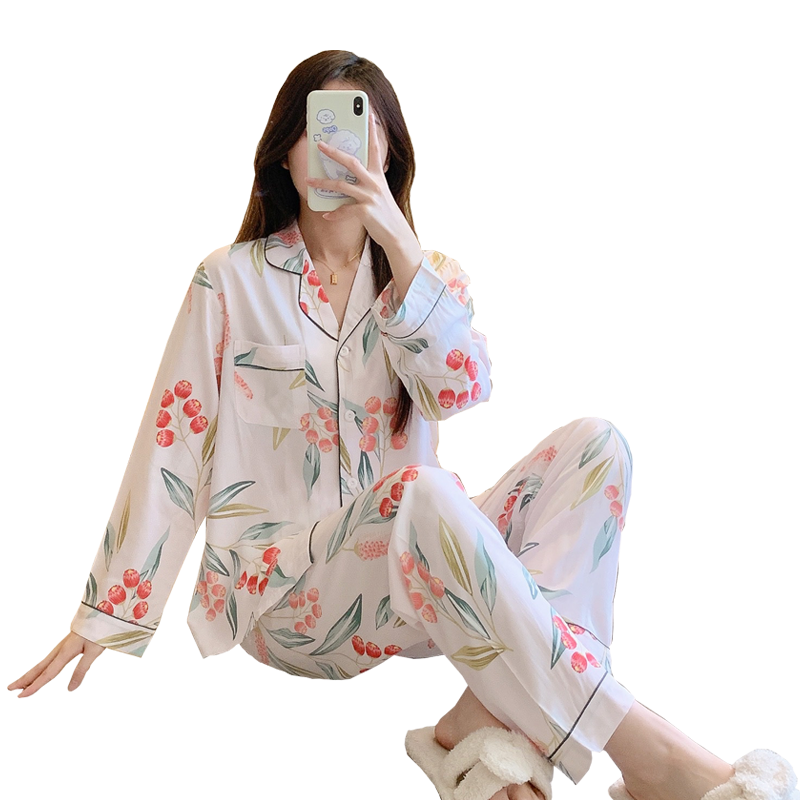 長(zhǎng)袖褲棉綢睡衣女春秋季薄款兩件套裝開衫綿綢中老年人造棉家居服