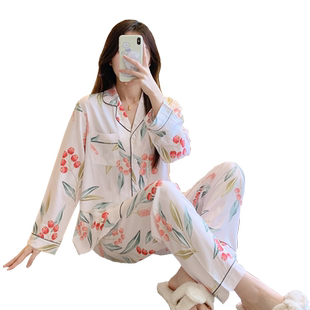 长袖裤棉绸睡衣女春秋季薄款两件套装开衫绵绸中老年人造棉家居服