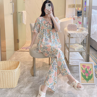 薄款 人造棉绸睡衣女士夏季 长裤 两件套装 空调服绵绸妈妈家居服 短袖