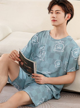 棉绸睡衣夏季薄款男款大童短袖短裤套装初中学生青少年男士家居服