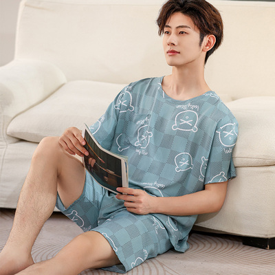 棉绸睡衣夏季薄款男款大童短袖短裤套装初中学生青少年男士家居服