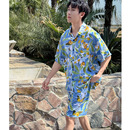 2025新款睡衣男棉绸夏季薄款短袖套装度假大码家居服花衬衫沙滩裤