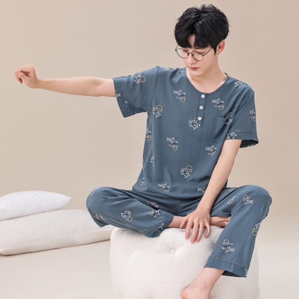 夏天男士青少年棉绸睡衣套装中老年短袖绵绸家居服爸爸开扣薄款