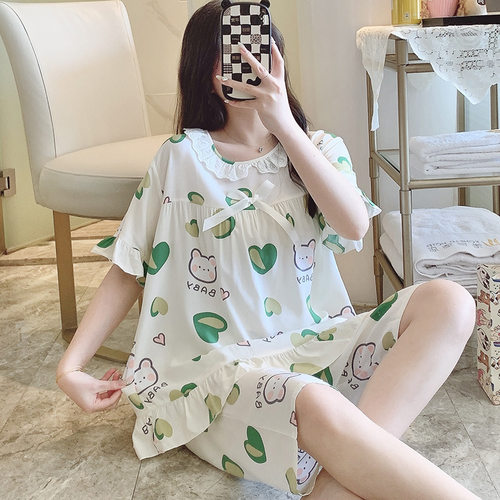 小清新睡衣女夏季薄款棉绸套装可爱空调家居服初中学生短袖七分裤
